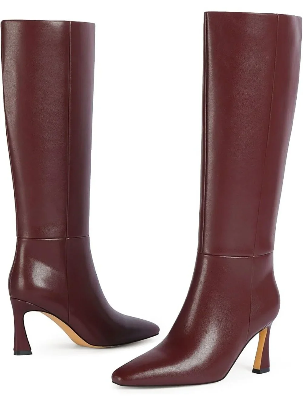 Women's Burgundy Faux Leather Square Toe Side Zipper Fashion Heeled Tall Boots
